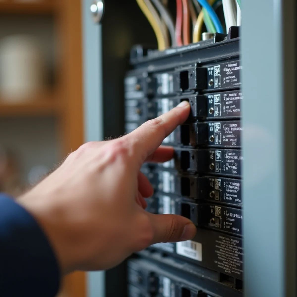 Hand resetting an HVAC breaker in an electrical panel