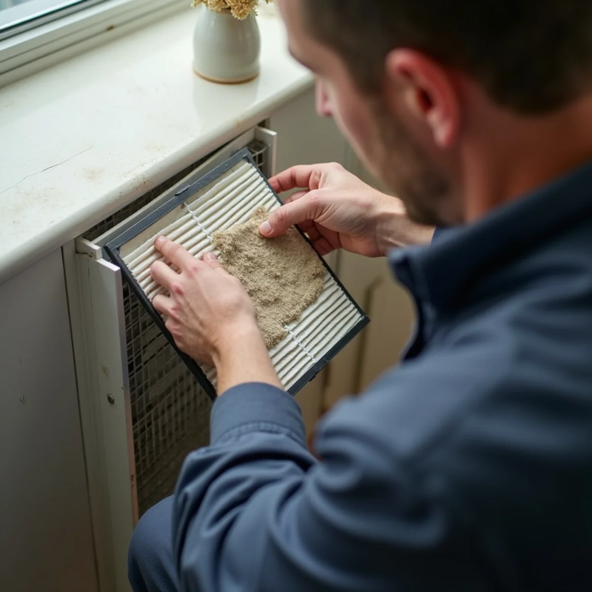 Homeowner removing a clogged HVAC air filter