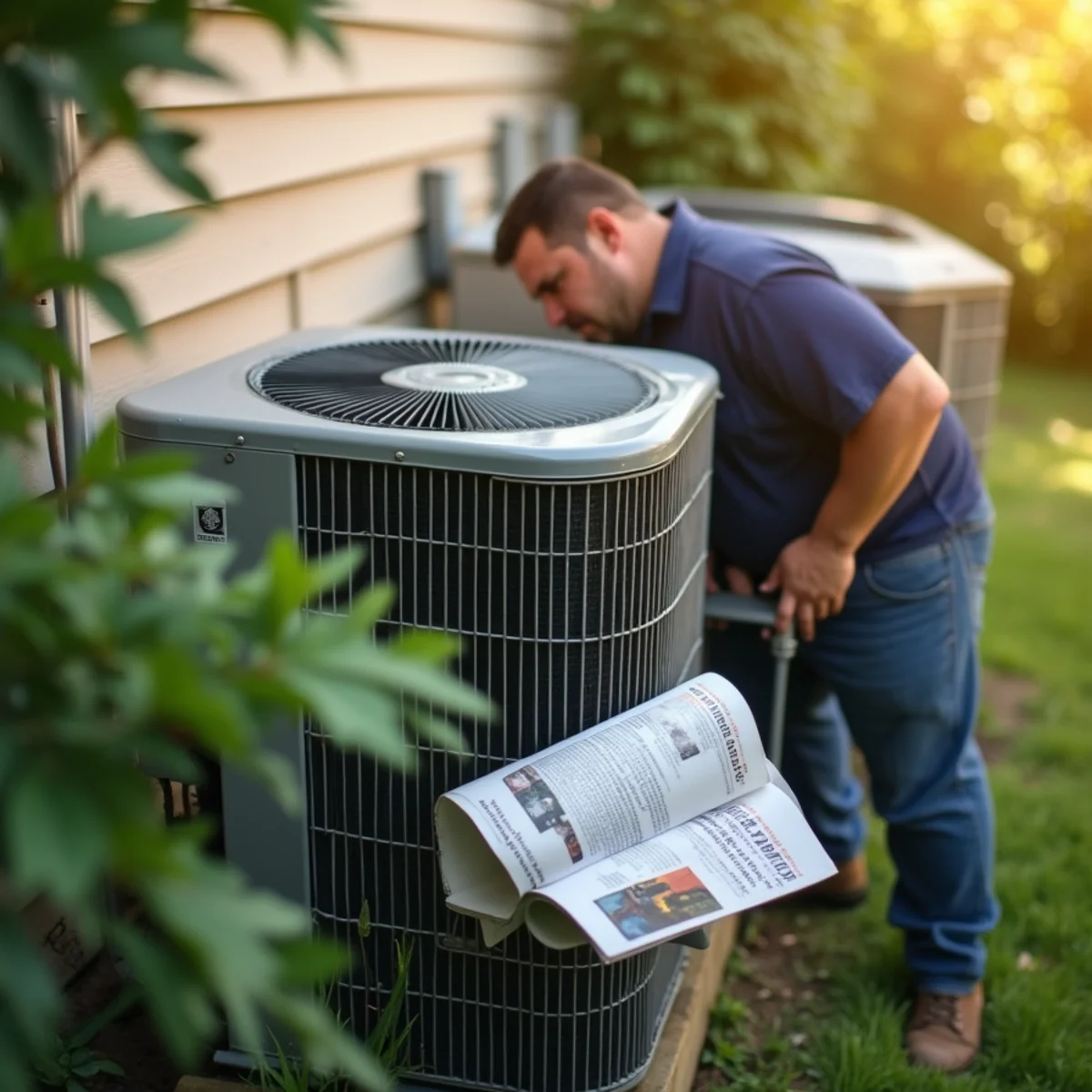 Outdoor AC condenser unit blocked by leaves and debris
