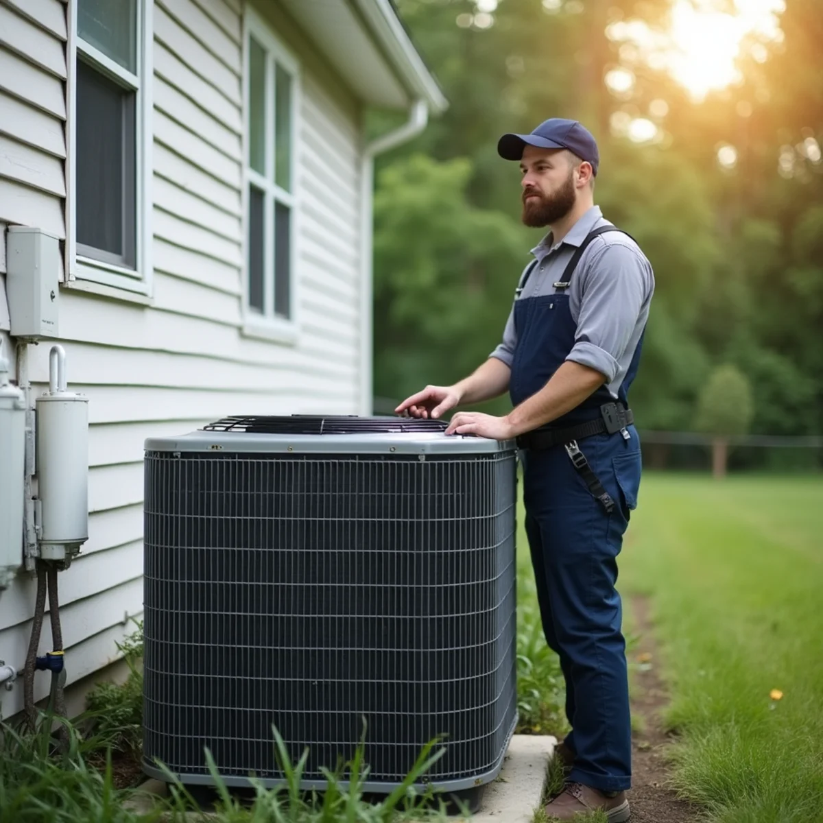 Outdoor AC condenser unit beside a Newburgh, NY home during a summer heat wave