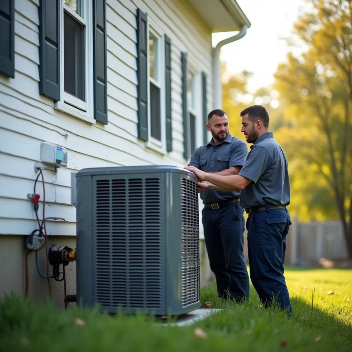 New central air condenser being installed beside a Newburgh, NY home