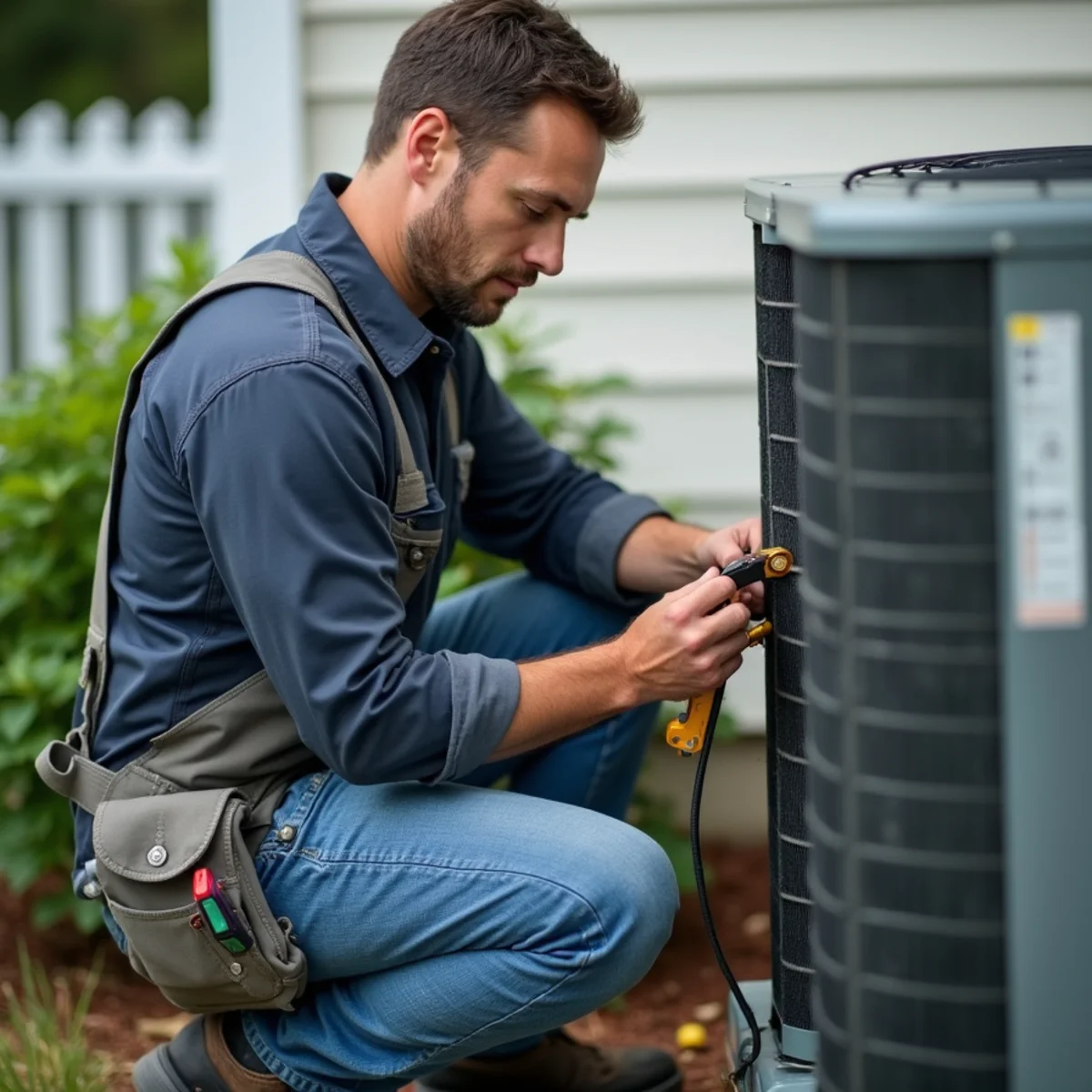 HVAC technician setting a new outdoor AC condenser unit on a pad beside a Hudson Valley home in Newburgh, NY