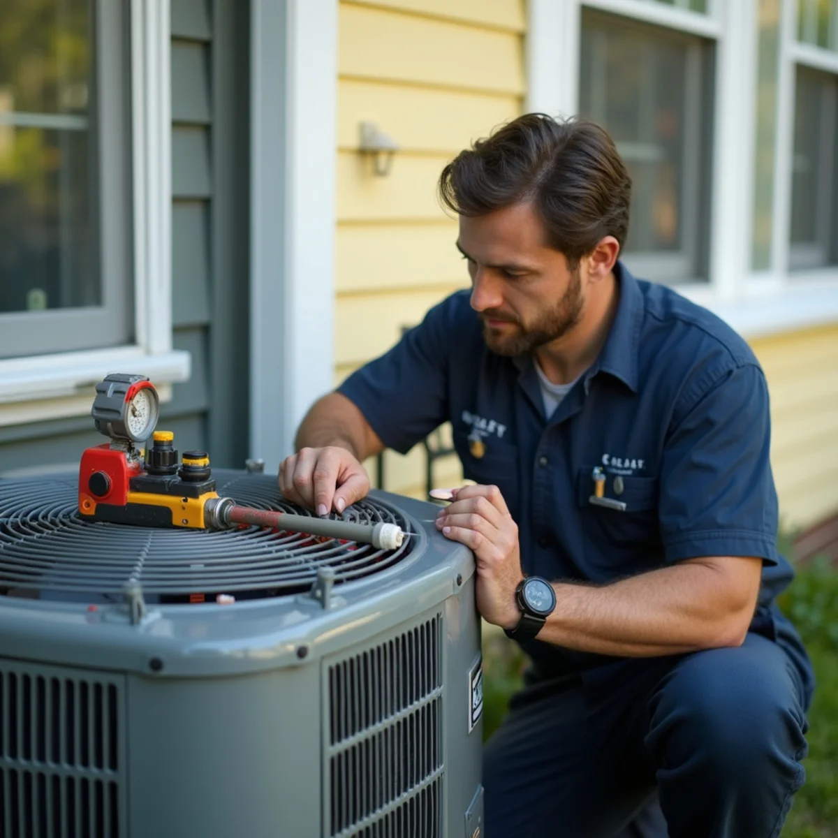 HVAC technician testing an outdoor AC condenser with gauges beside a suburban home on a hot day in Newburgh, NY
