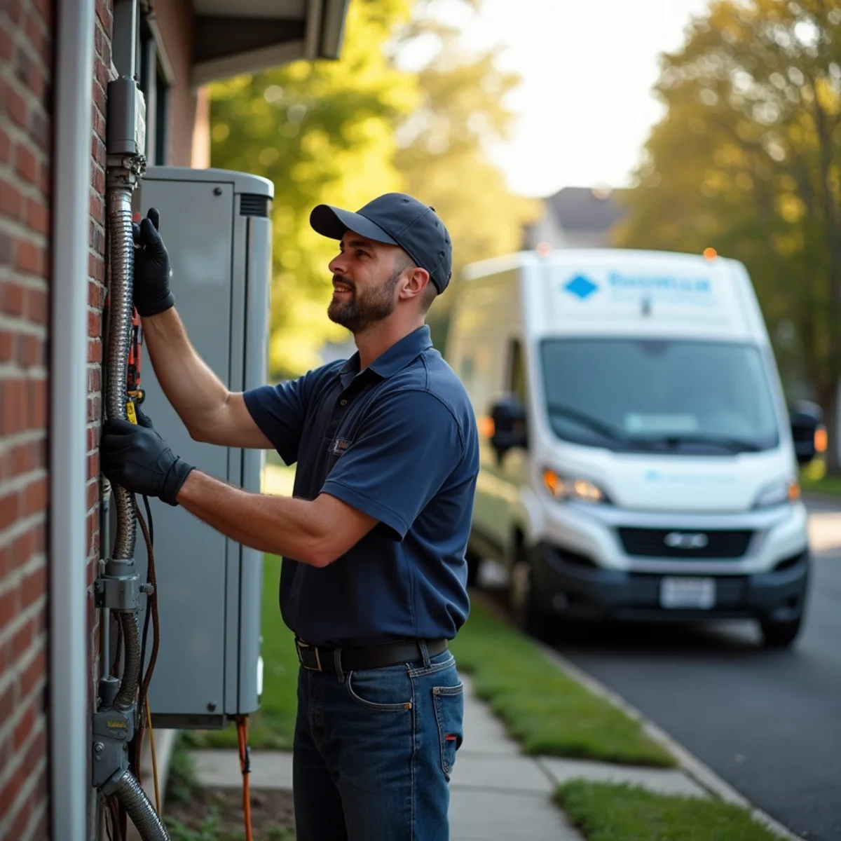 Air conditioning technician installing a system at an upscale riverside home in Balmville, Newburgh, NY