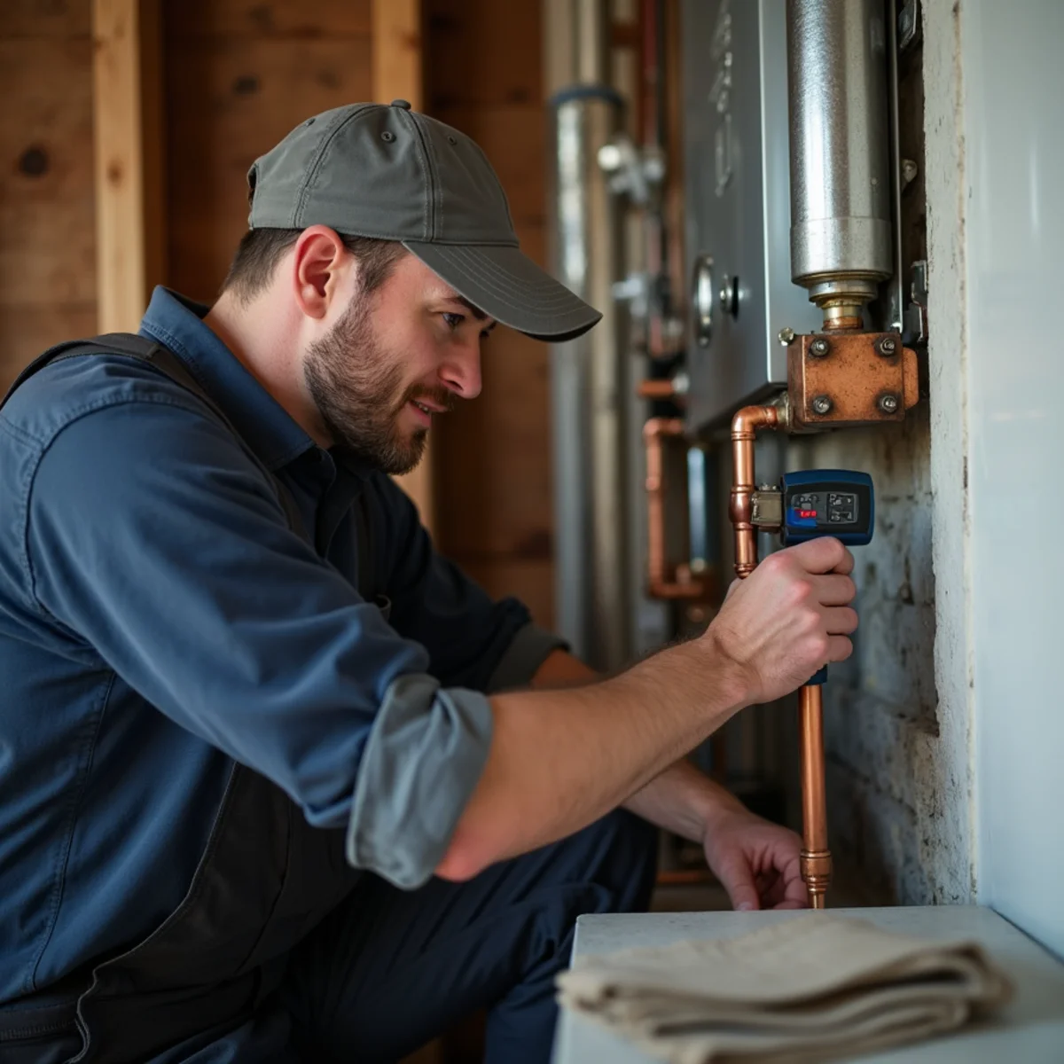 HVAC technician mounting a new high-efficiency wall boiler and copper piping in a historic home basement in Newburgh, NY