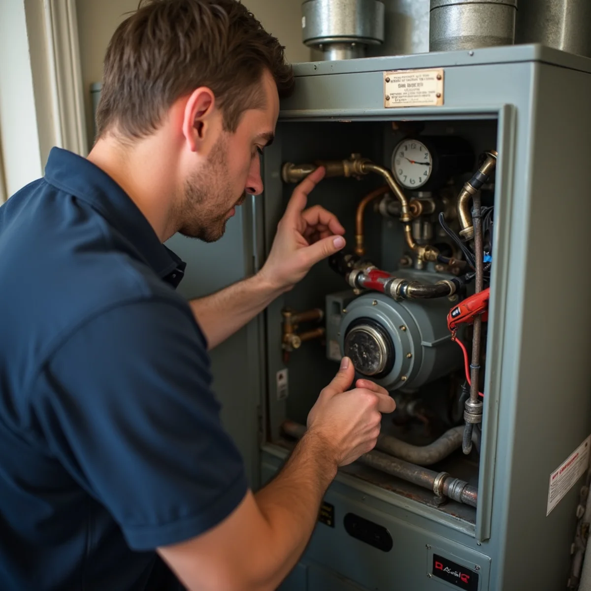 HVAC technician servicing a cast-iron hot-water boiler in an older home basement, checking the circulator pump in Newburgh, NY