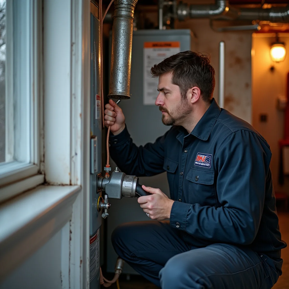 Technician servicing a residential hot-water boiler in a Newburgh, NY basement
