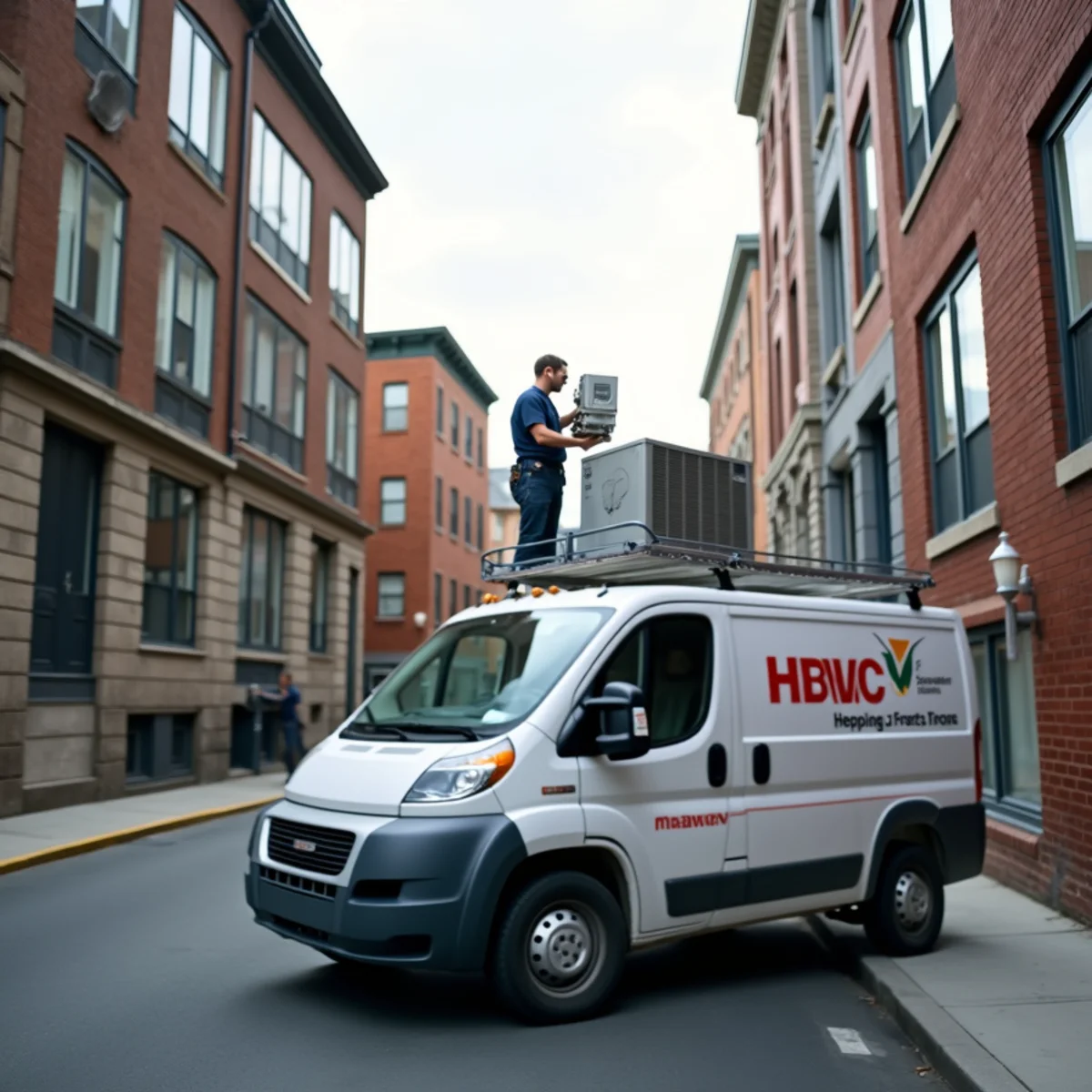 HVAC technician inspecting a rooftop unit on a mixed-use building along Broadway in Newburgh, NY