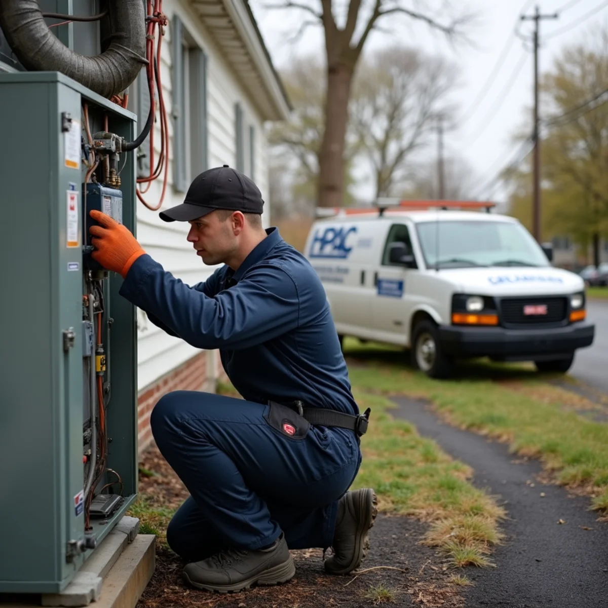 HVAC technician repairing a furnace in a Chester, NY farmhouse on the black dirt belt