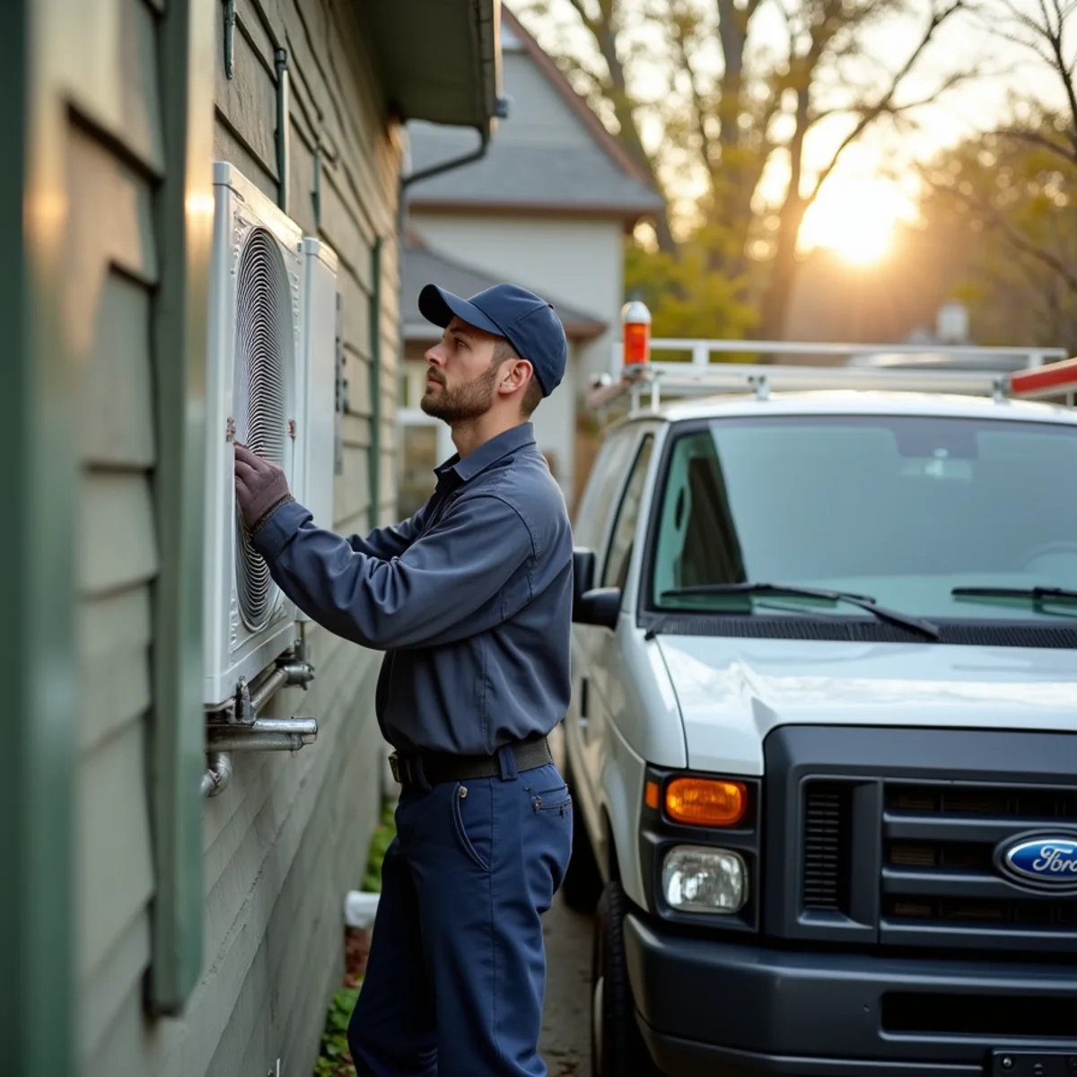 HVAC technician installing a ductless mini-split in an antique Cold Spring, NY riverside home