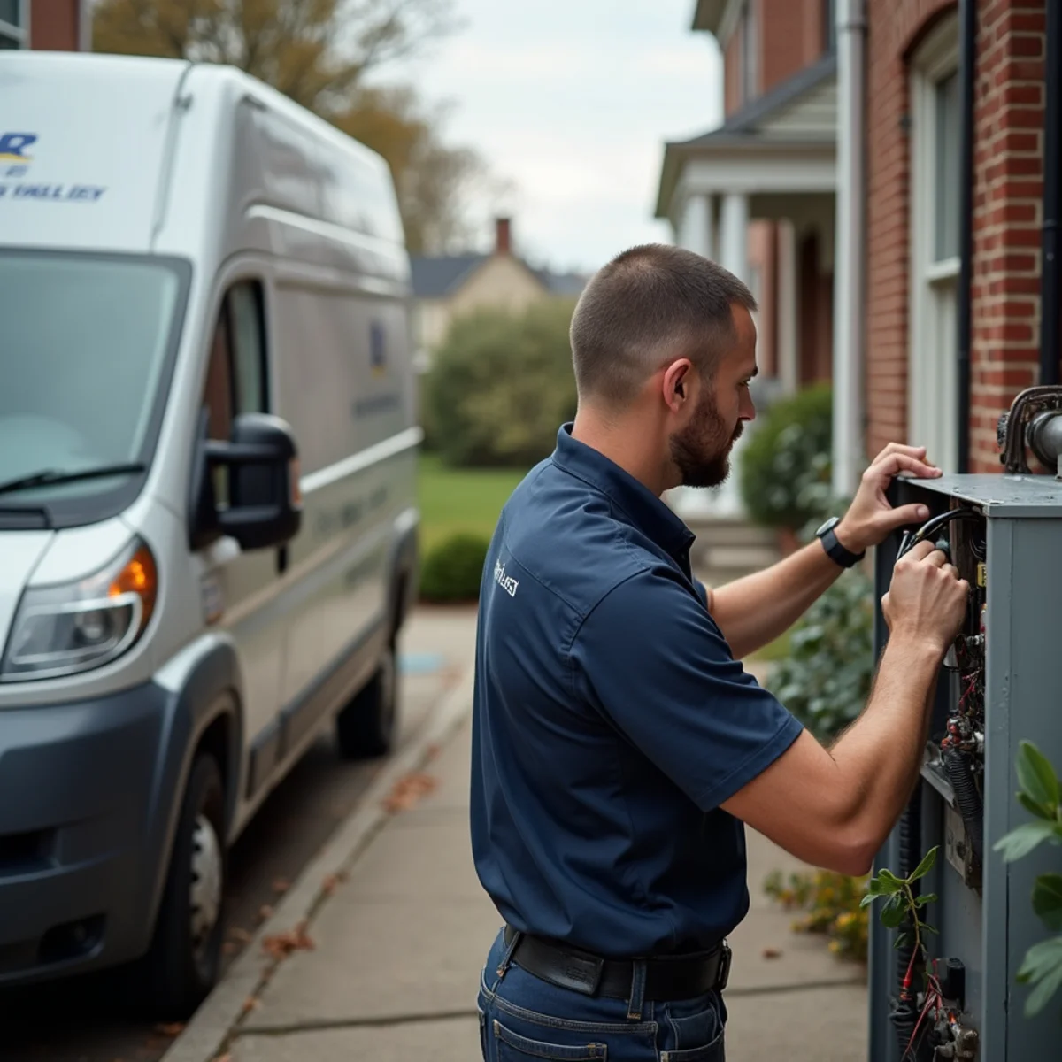 HVAC technician tuning a furnace in an early-20th-century Colonial Terrace home in Newburgh, NY