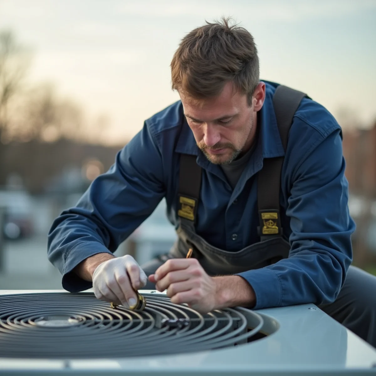 HVAC technician servicing a rooftop packaged HVAC unit on a flat commercial roof along a retail strip in Newburgh, NY