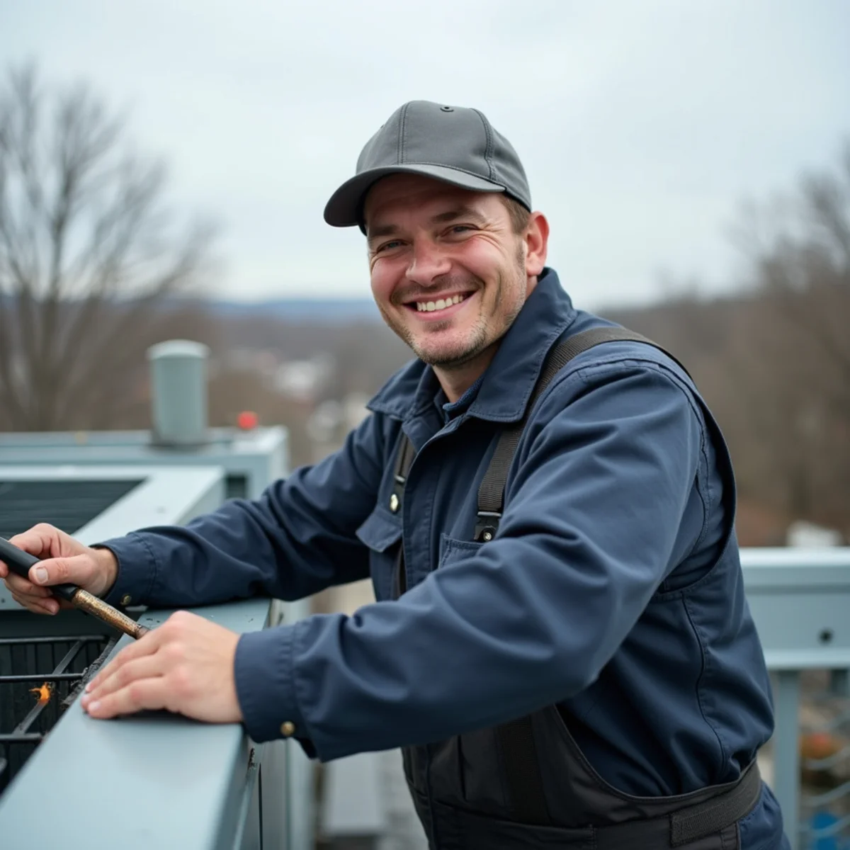 Technician servicing a commercial rooftop HVAC unit at a Newburgh, NY business