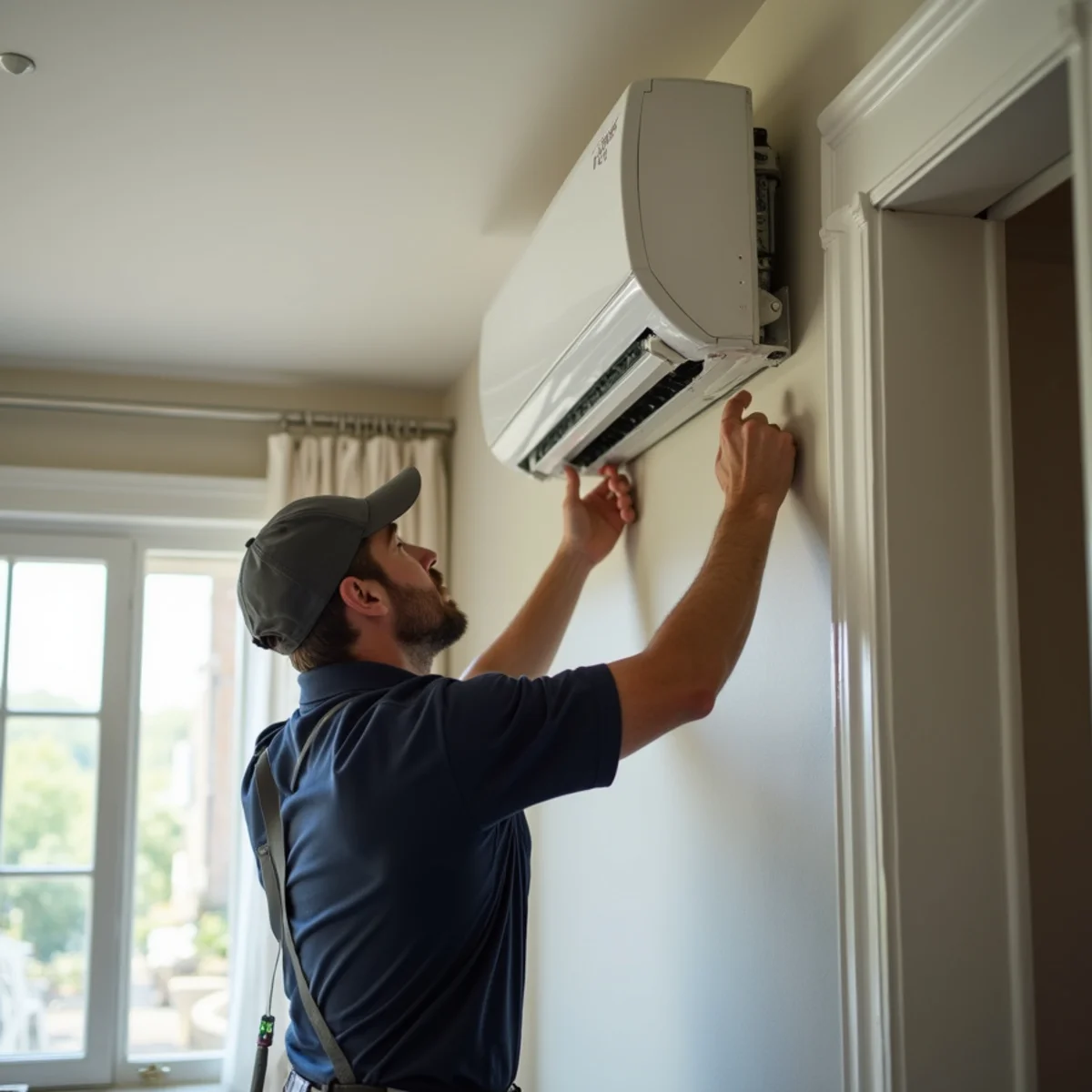 HVAC technician mounting a white ductless mini-split head high on the wall of a historic living room in Newburgh, NY