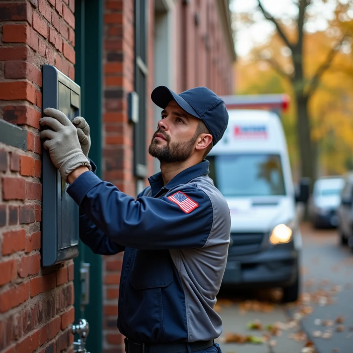 HVAC technician servicing a steam boiler in an East End brick rowhouse in Newburgh, NY