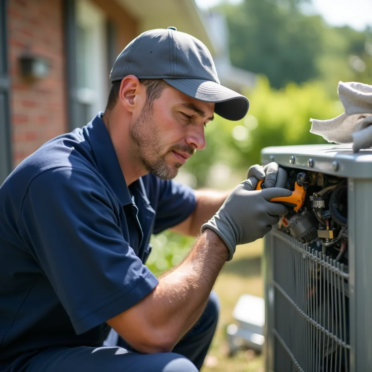 HVAC technician fixing an outdoor AC unit during a heat wave, sweat and bright sun, homeowner waiting in Newburgh, NY