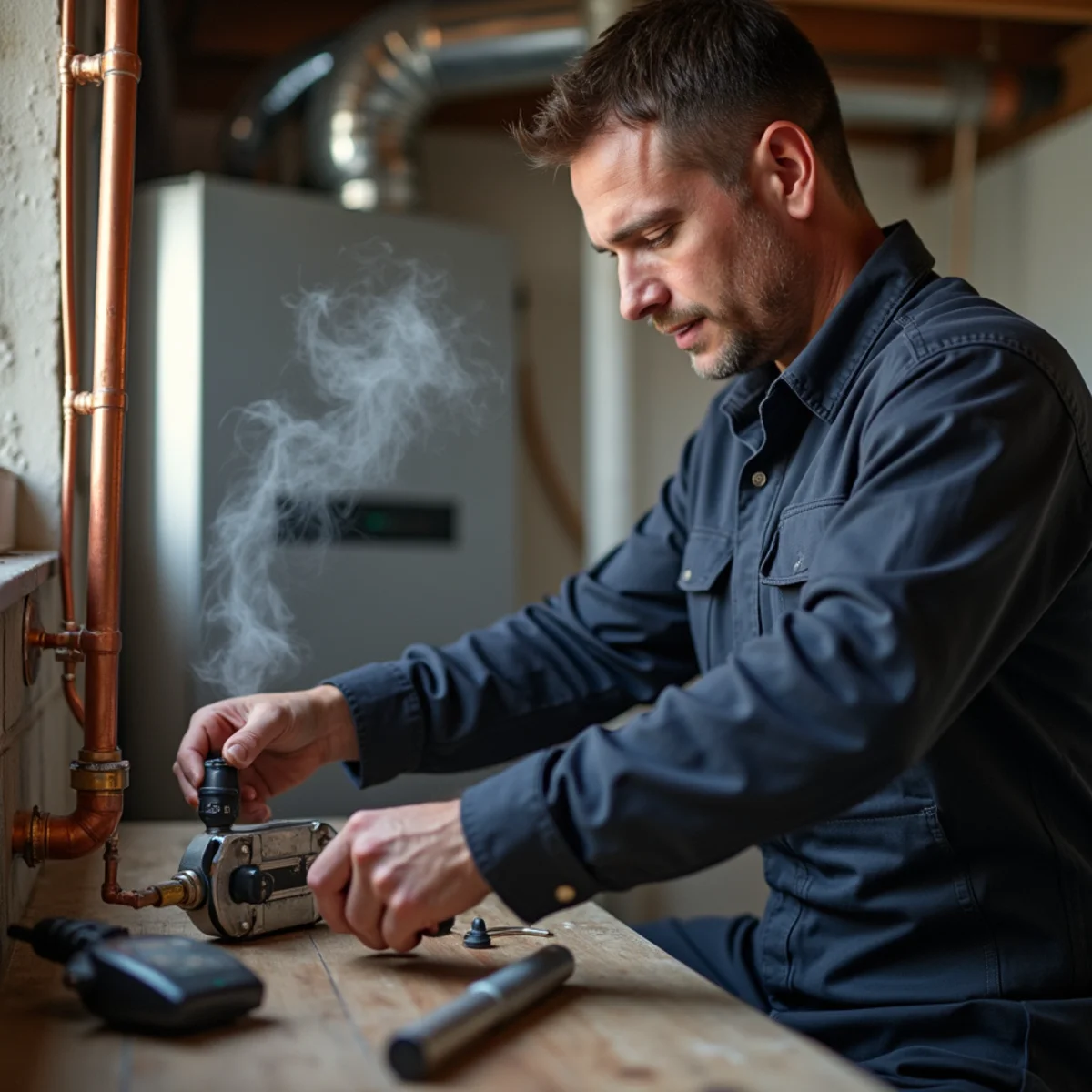 HVAC technician urgently repairing a failed boiler in a cold basement, steam and copper pipes around in Newburgh, NY