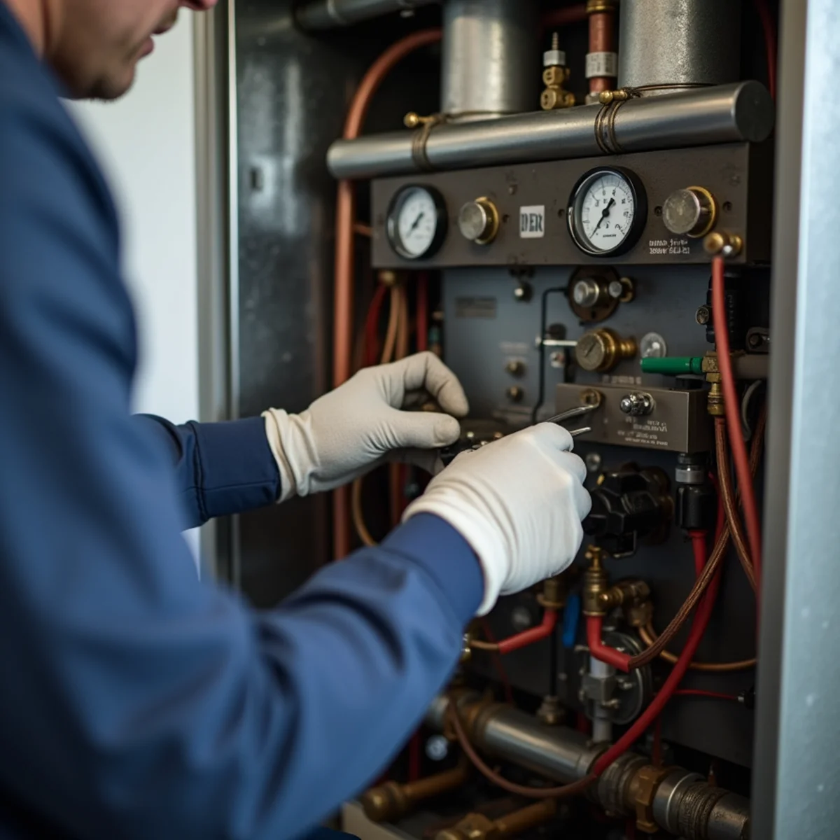 Close-up of emergency boiler repair work in a Newburgh, NY home