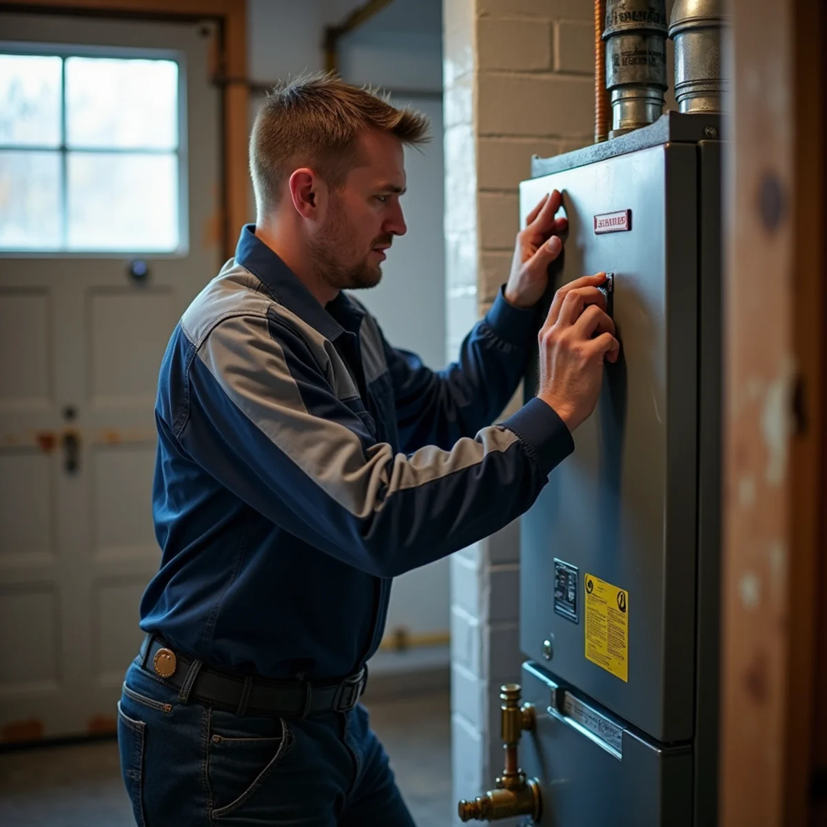 Technician performing emergency repair on a hot-water boiler in a Newburgh, NY basement