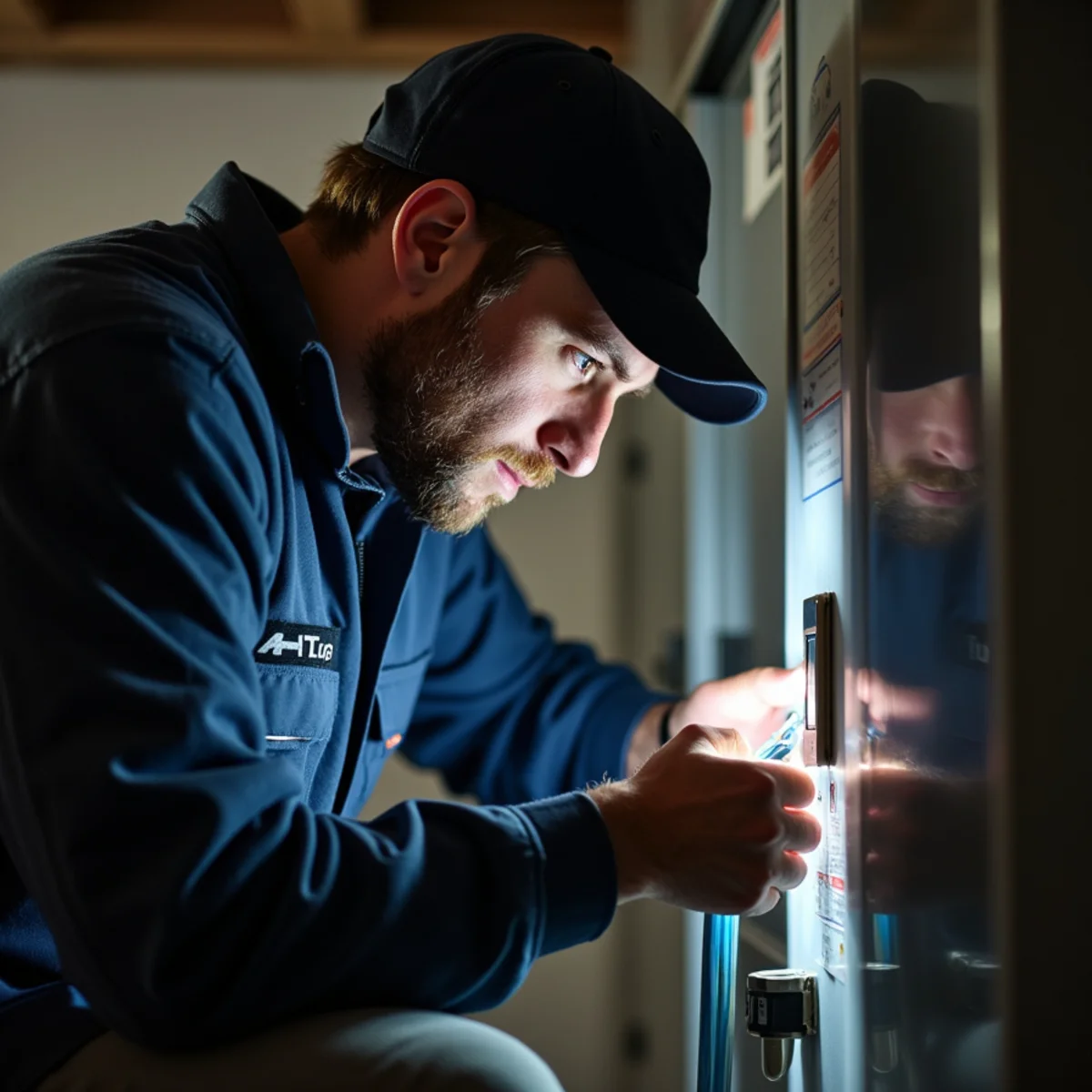 HVAC technician diagnosing a dead furnace late at night in a freezing basement, worklight glowing in Newburgh, NY