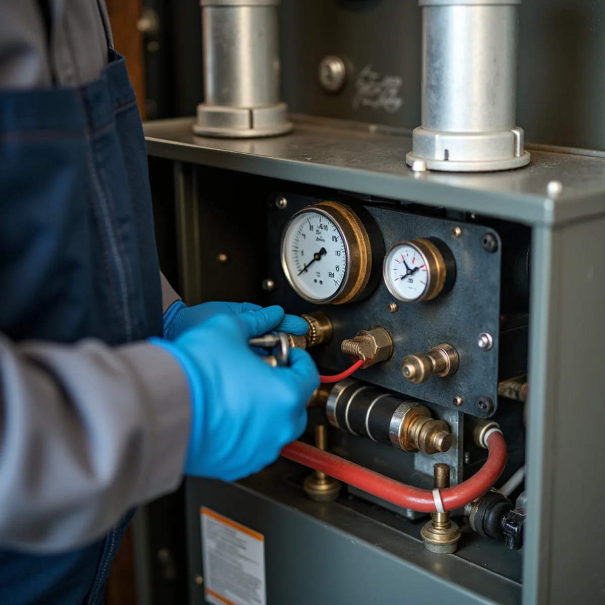 Close-up of emergency furnace repair work in a Newburgh, NY home
