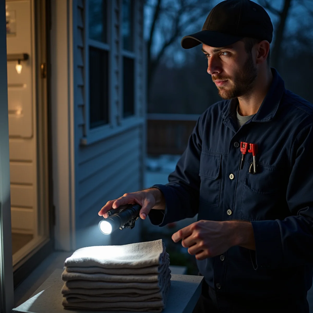 HVAC technician arriving at night with a flashlight and tool bag to a home with no heat, breath visible in cold air in Newburgh, NY