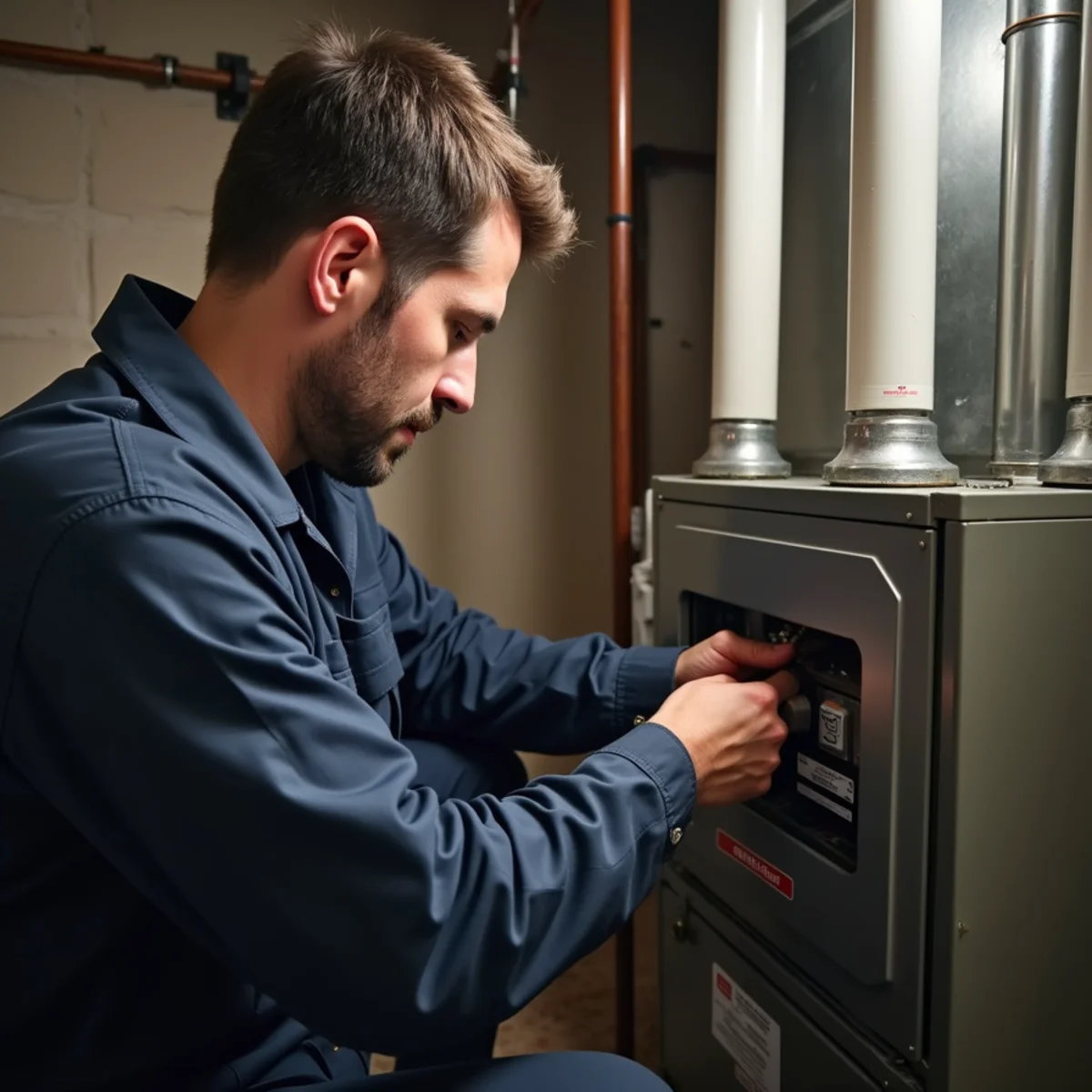 Technician inspecting a gas furnace burner during a fall tune-up in a Town of Newburgh, NY basement