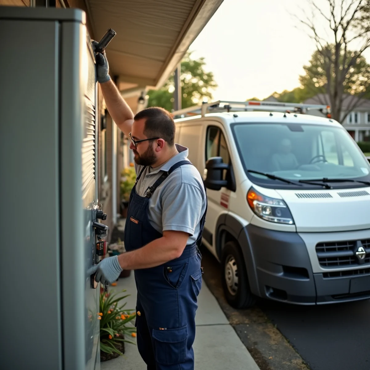 HVAC technician servicing a furnace in an established suburban home near Fostertown Road in the Town of Newburgh, NY