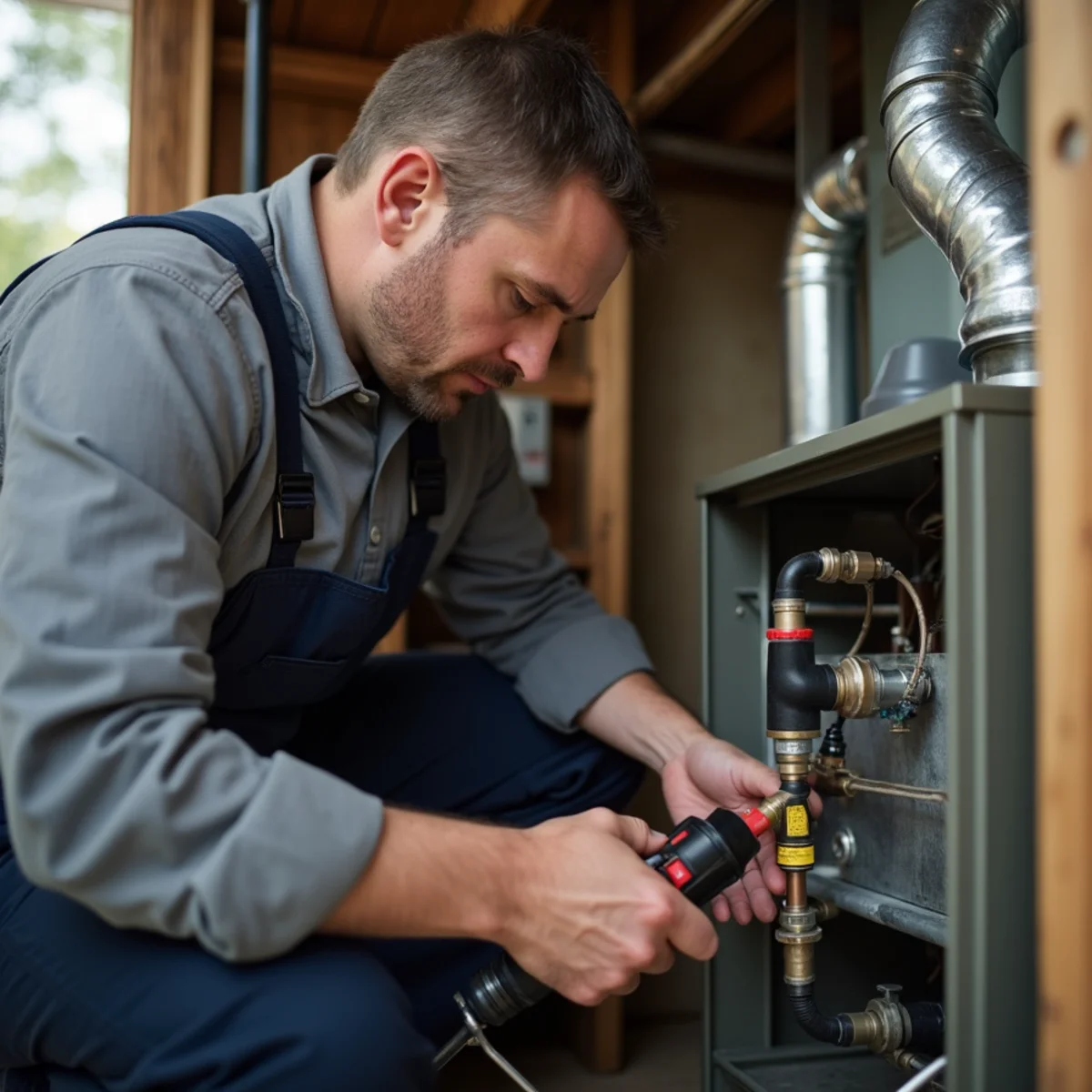 HVAC technician installing a new high-efficiency furnace in a basement, connecting the flue and gas line in Newburgh, NY