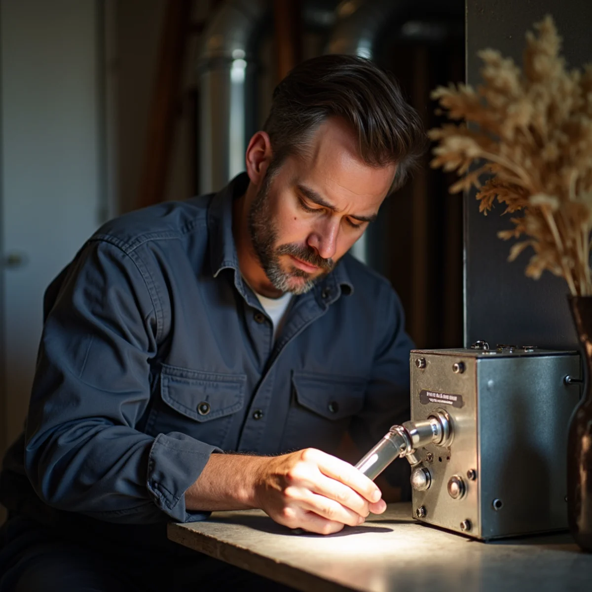 Technician inspecting a furnace heat exchanger with a light