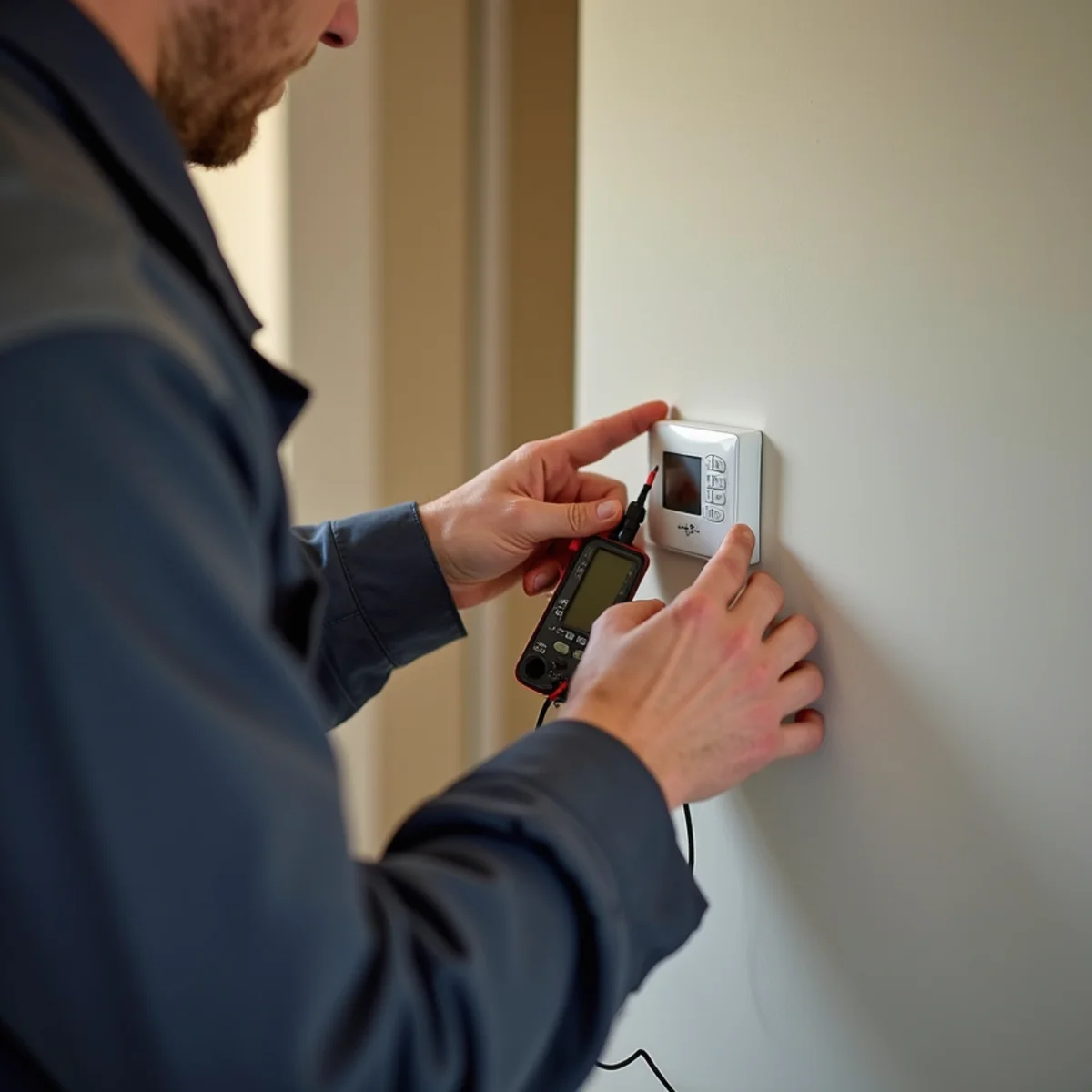 Technician testing a home thermostat on the wall