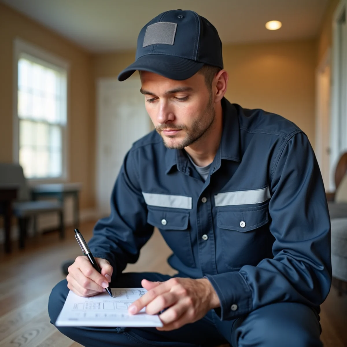 HVAC technician writing up a furnace repair estimate in a Newburgh, NY home