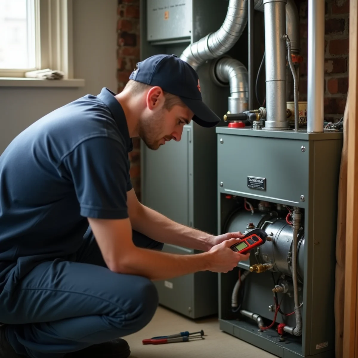 HVAC technician kneeling at an open gas furnace in a tidy basement, multimeter in hand, inspecting the burner assembly in Newburgh, NY