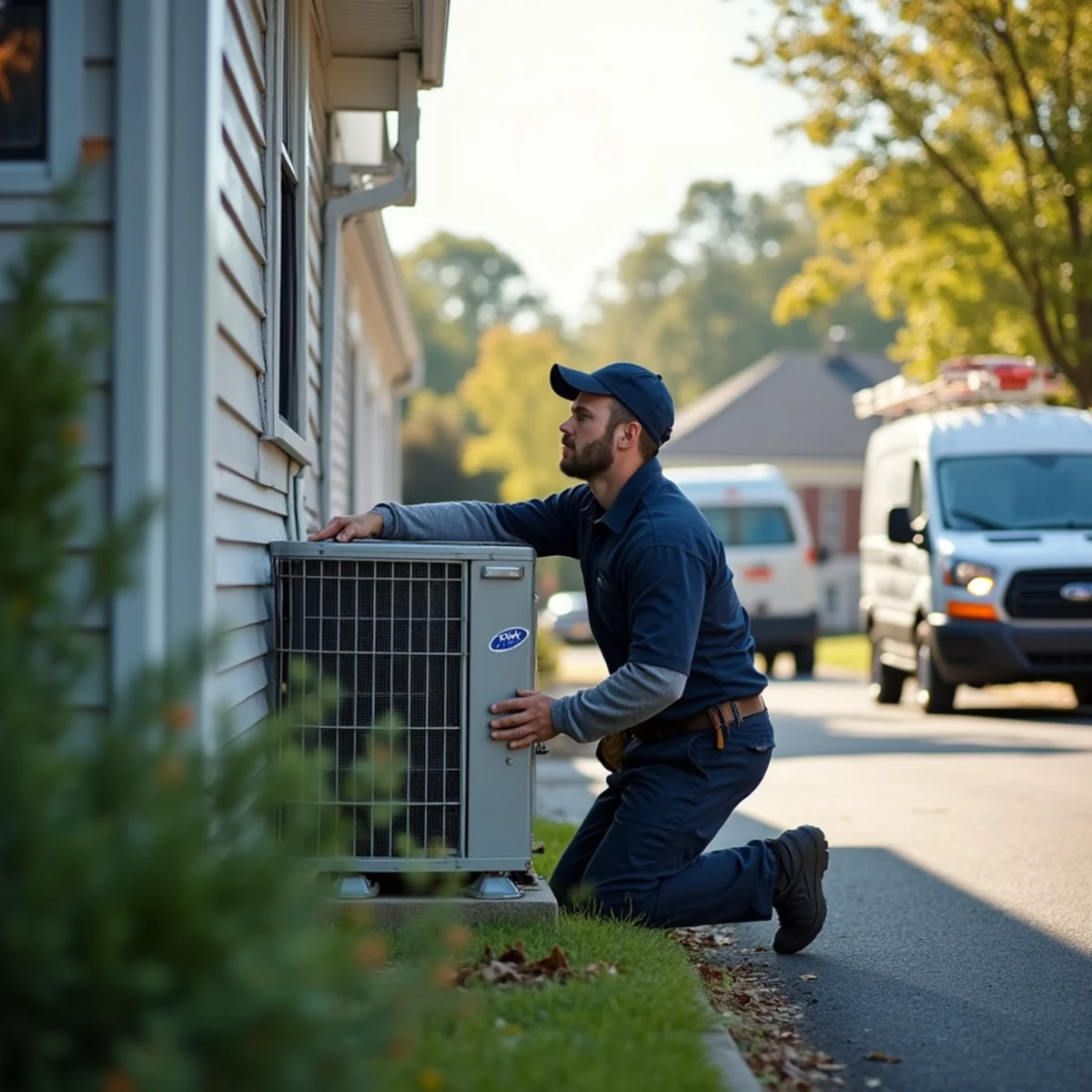HVAC technician servicing a high-efficiency heat pump at a Hudson-front estate in Garrison, NY