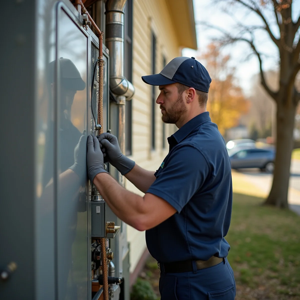 HVAC technician servicing a boiler in a historic Goshen, NY home near the harness track