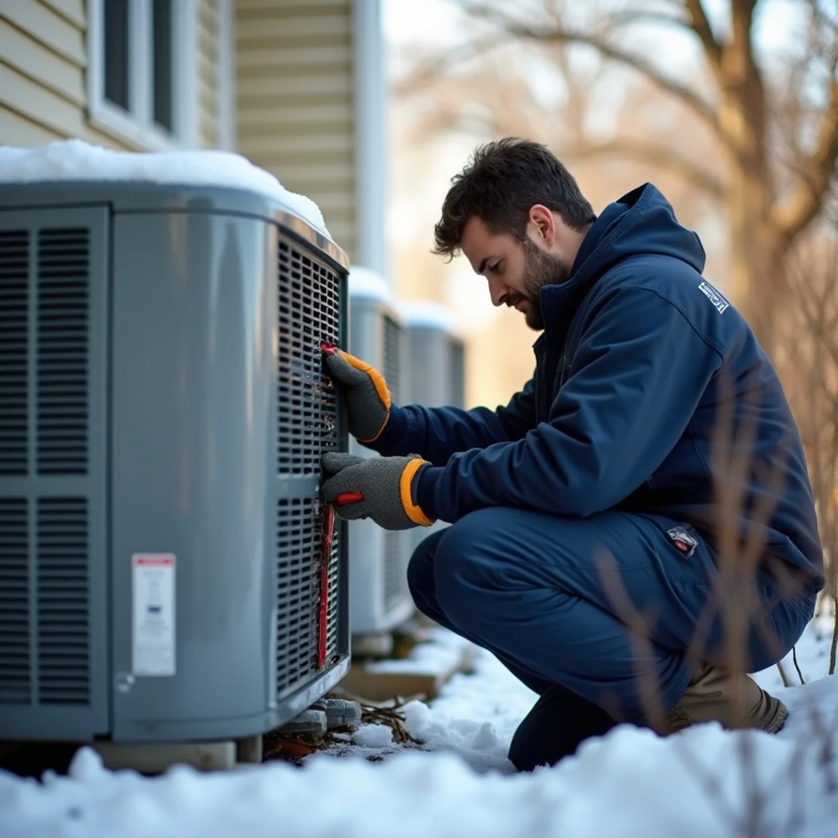 HVAC technician installing a cold-climate heat pump outdoor unit next to a home in light snow in Newburgh, NY