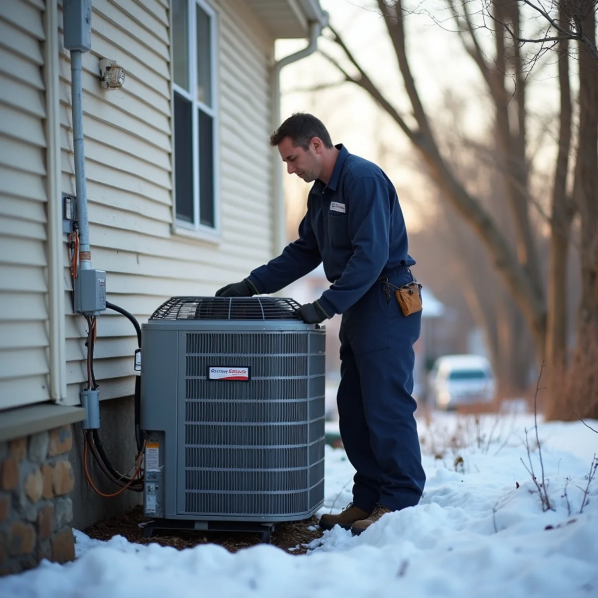 Cold-climate heat pump outdoor unit installed at a Newburgh, NY home in winter