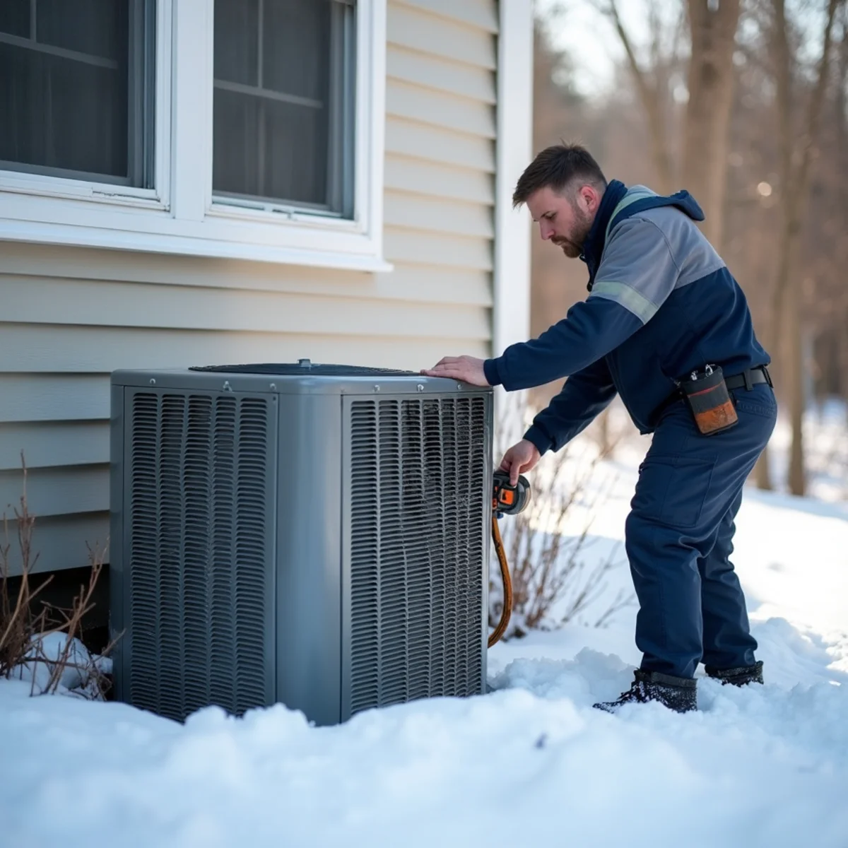 Outdoor heat pump unit running in snow beside a New Windsor, NY home in winter