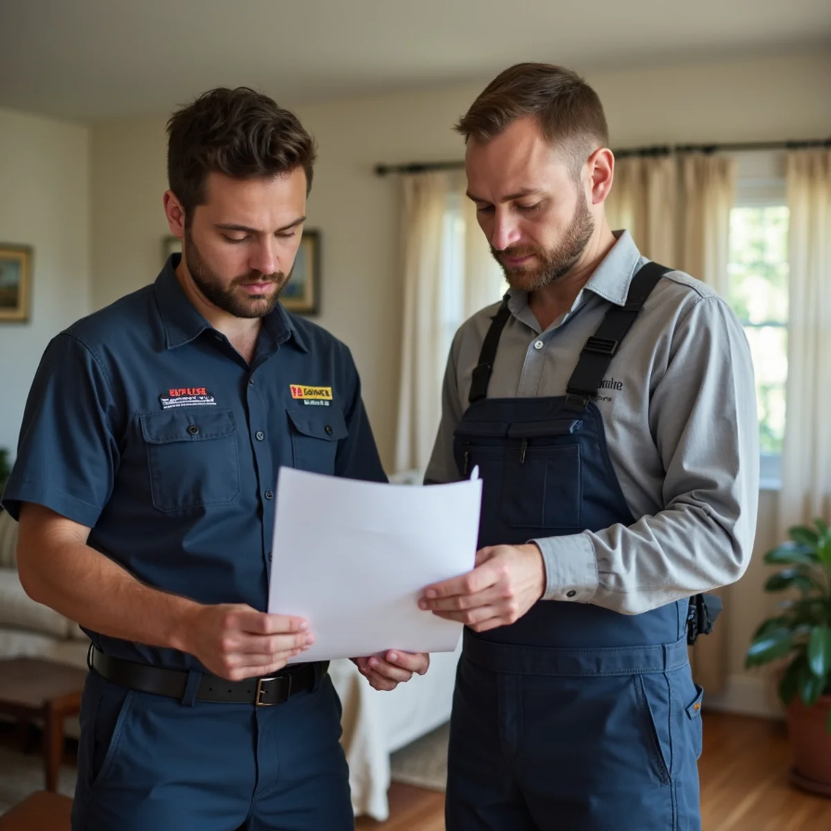 Homeowner reviewing paperwork with a uniformed HVAC contractor in an Orange County, NY home