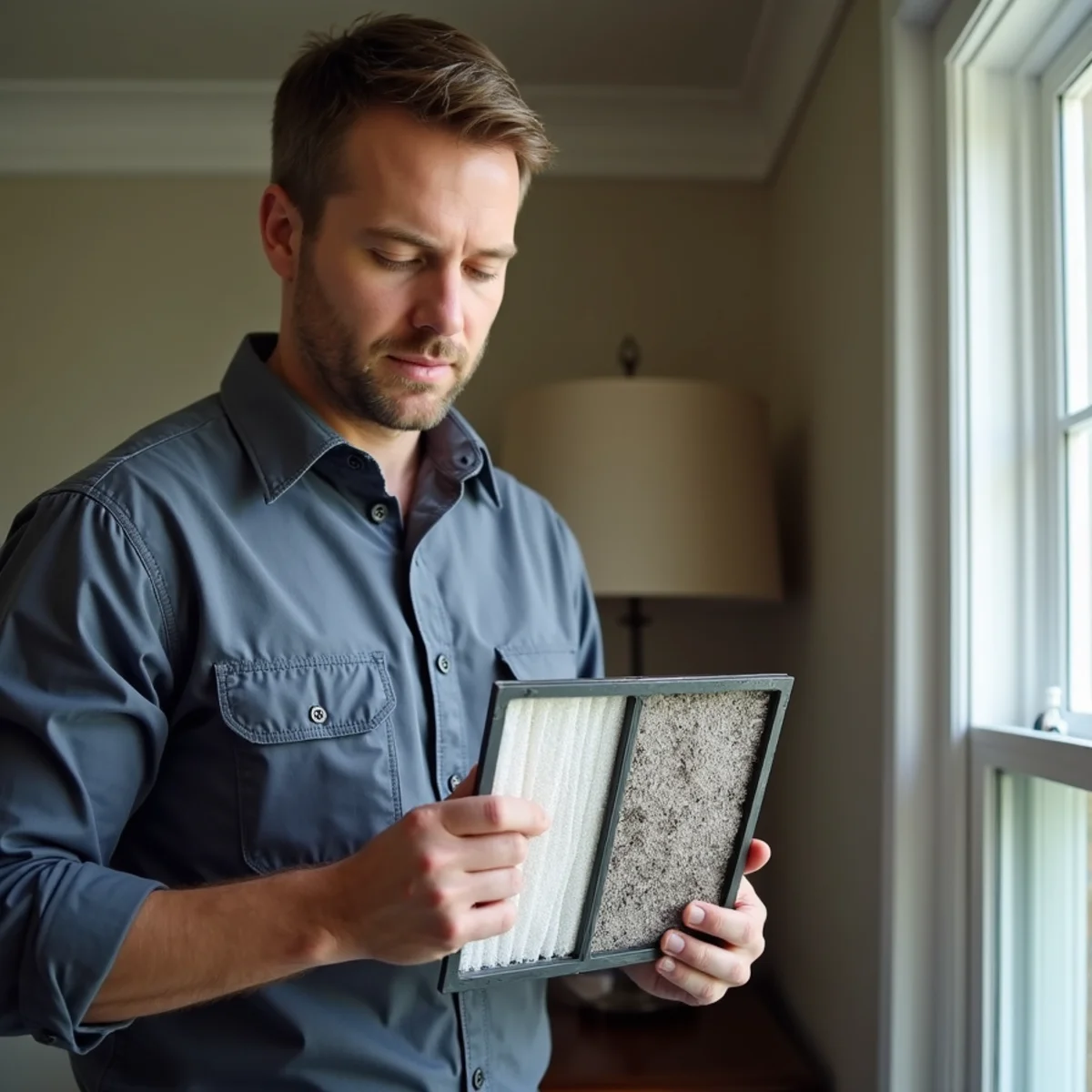 Homeowner comparing a clean and a dirty pleated HVAC filter in a Meadow Hill home in Newburgh, NY