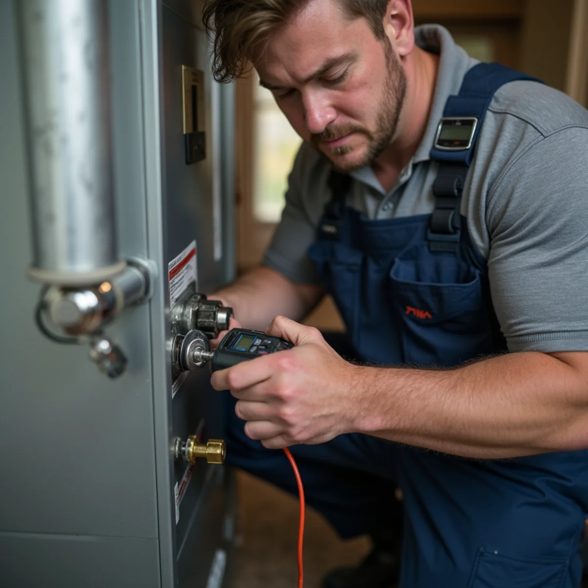 HVAC technician performing a seasonal tune-up on a furnace, replacing the air filter and taking readings in Newburgh, NY