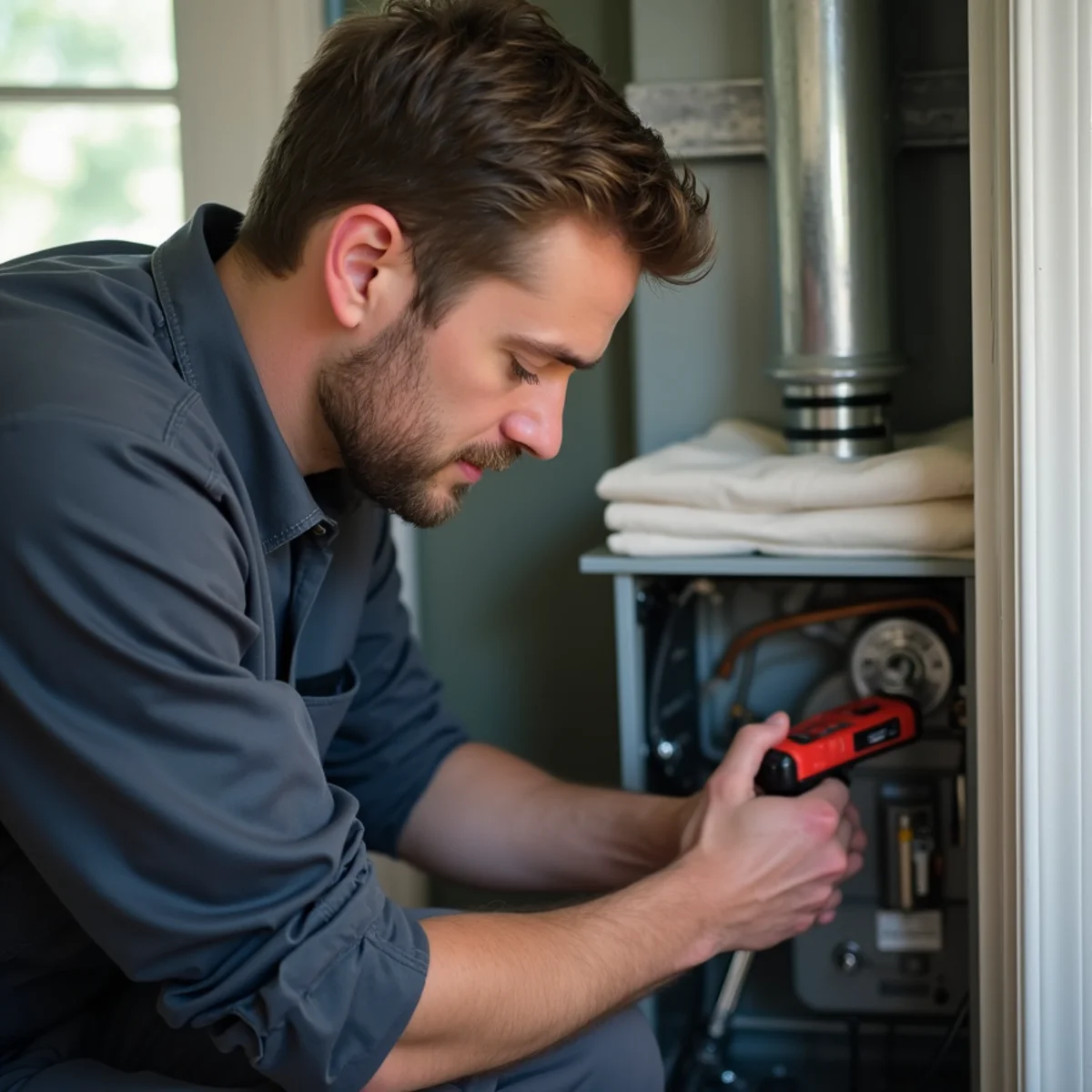 HVAC technician installing a whole-home air purifier and media filter cabinet on a furnace return in Newburgh, NY