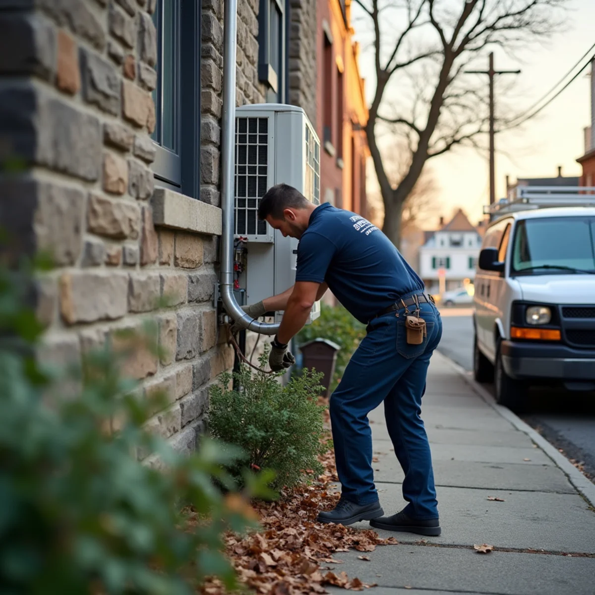 HVAC technician installing a ductless system in an Uptown Stockade stone house in Kingston, NY
