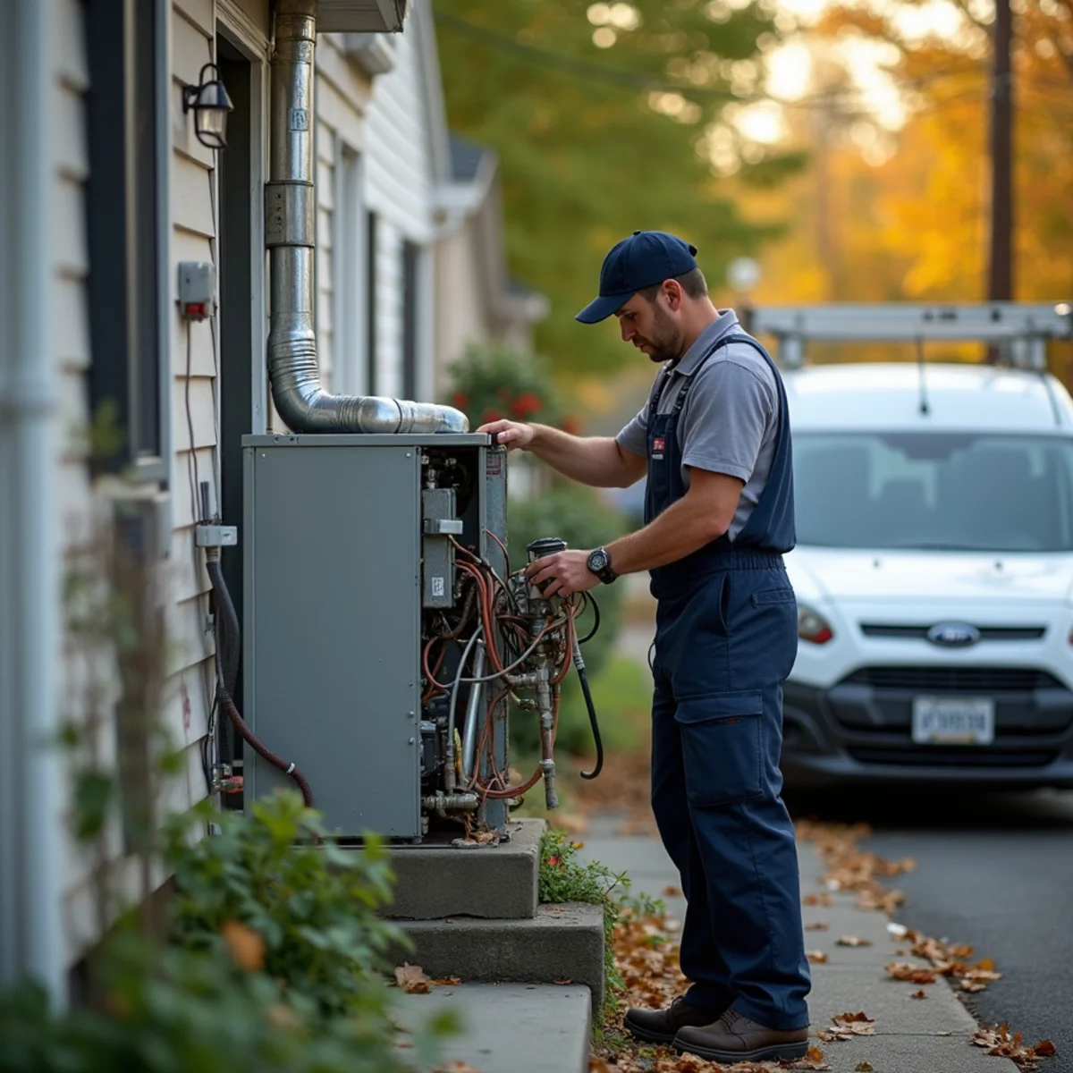 Technician repairing a furnace in a modest older home in Maybrook, NY