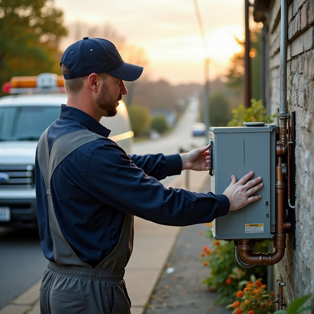 Technician repairing a boiler in a river-view home in the hamlet of Middle Hope, Town of Newburgh, NY