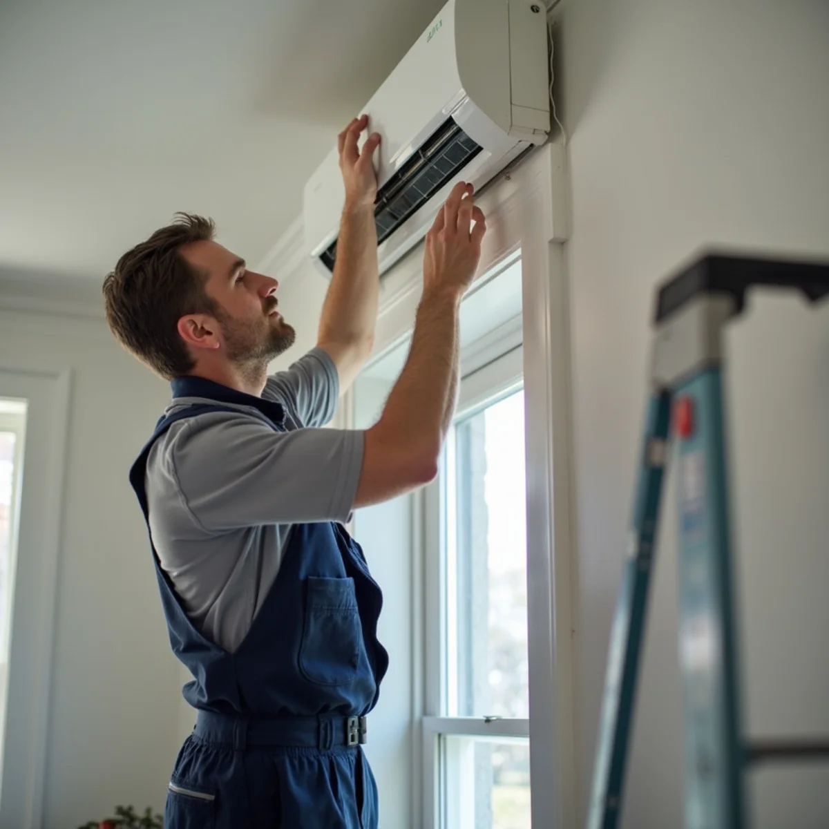 Wall-mounted ductless mini-split head in a Newburgh, NY home being inspected for a condensate leak