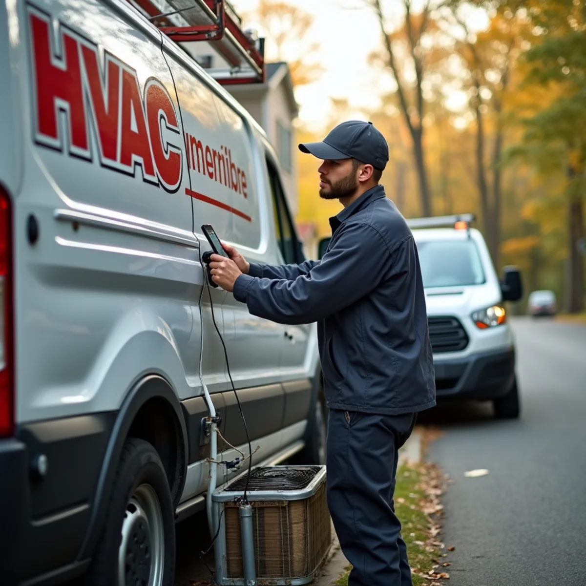 HVAC technician installing a central air condenser at a Monroe, NY townhome near Walton Lake