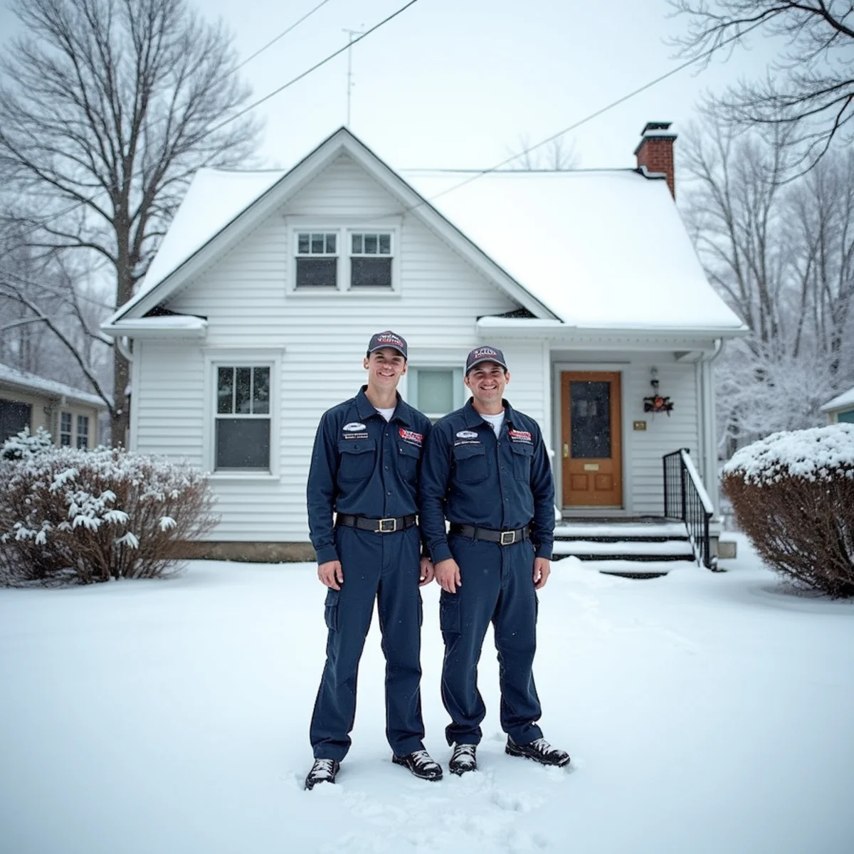 Snow-covered Newburgh, NY home during a winter nor easter with power lines above