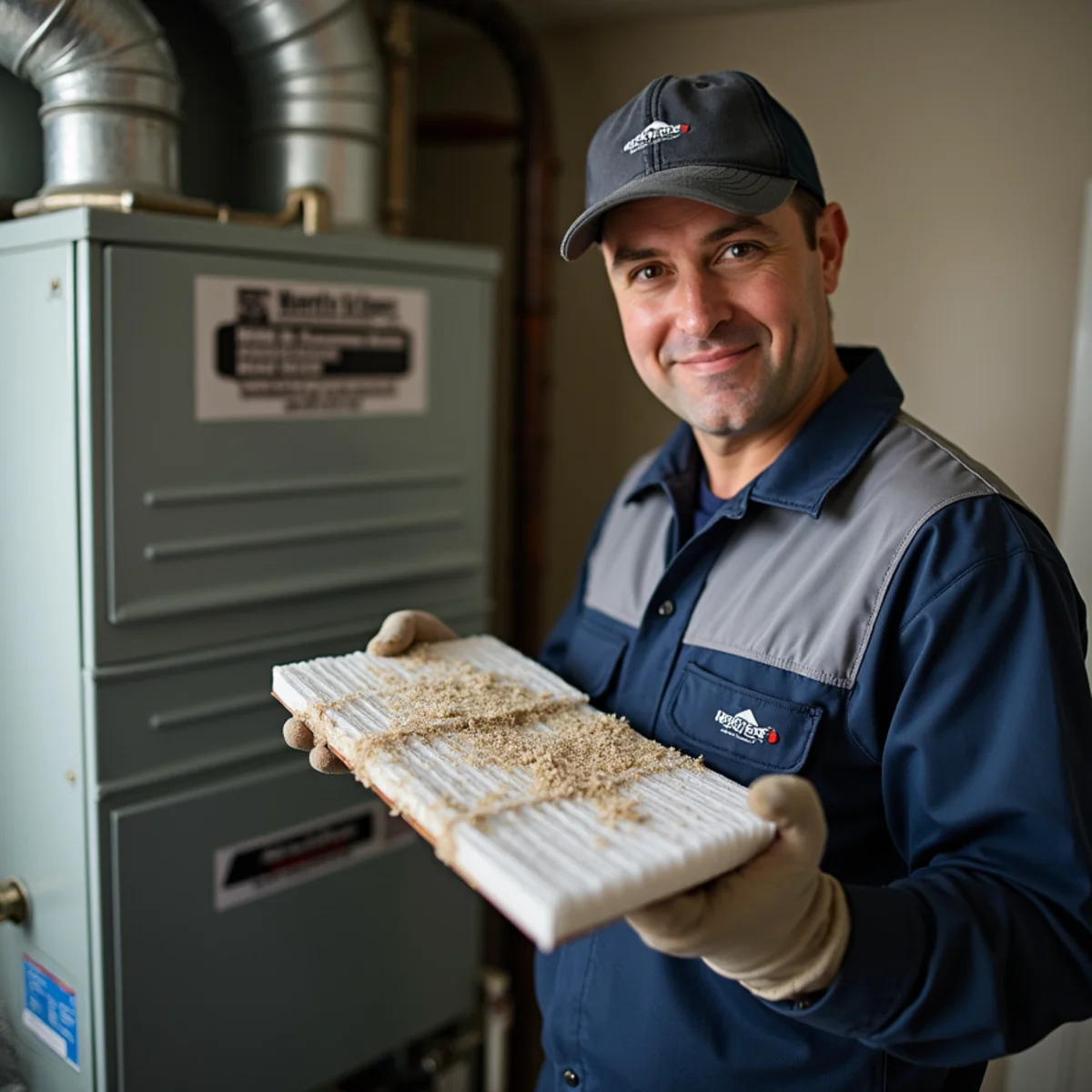 HVAC technician holding a pollen-loaded air filter pulled from a Newburgh, NY furnace