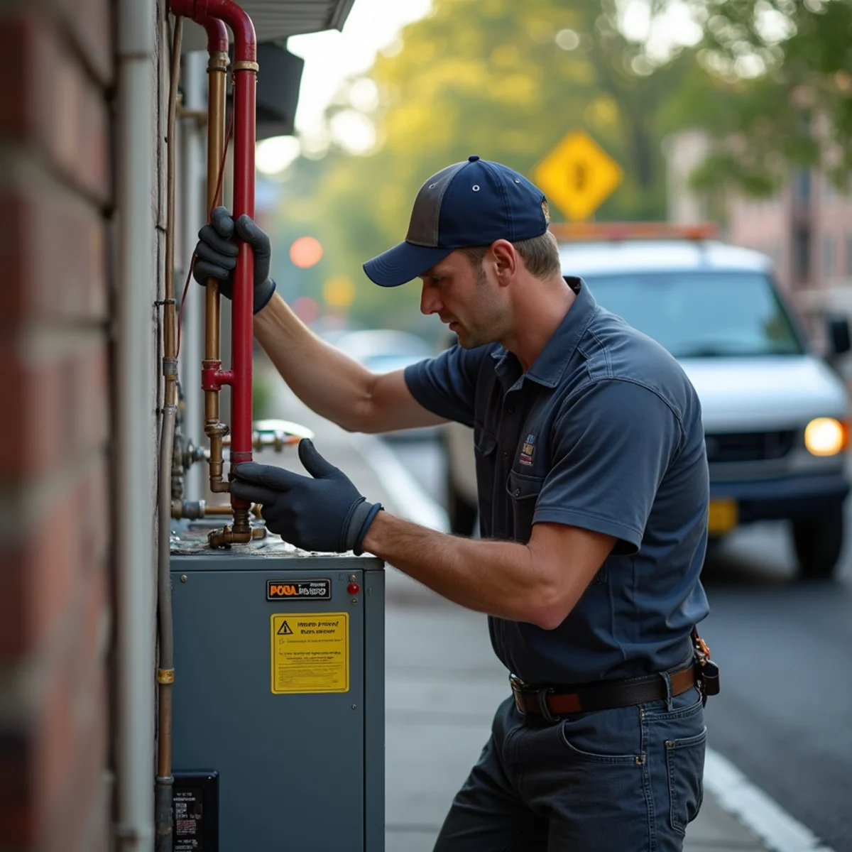 HVAC technician servicing a hot-water boiler in an older Poughkeepsie, NY home